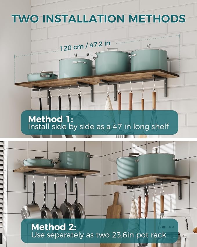 OROPY 2 Pack Wooden 23.6'' Pot Pan Hanging Rack Wall Mounted with 10 S Hooks, Set of 2 Large Pot Wall Holder Kitchen Shelves for Utensils, Cookware-Ruum Studio Home