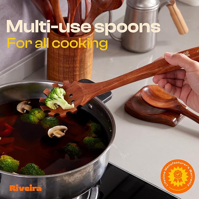 Riveira Bamboo Wooden Spoons for Cooking 9-Piece with Holder, Apartment Essentials Wood Spatula Spoon Nonstick Kitchen Utensil Set Premium Quality Housewarming Gifts for Everyday Use-Ruum Studio Home