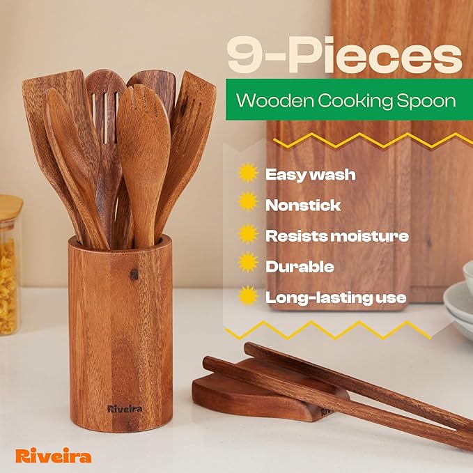Riveira Walnut Wooden Spoons for Cooking Set of 9 – Natural Walnut Wooden Cooking Utensils, Spatula, Spoon - Premium Quality Utensil Set for Non-Toxic Cooking-Ruum Studio Home