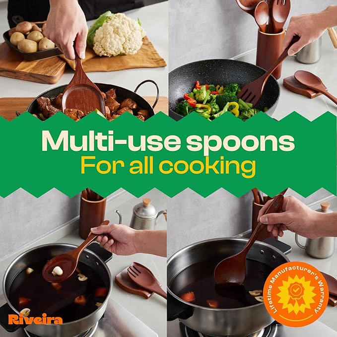 Riveira Set of 9 Premium Brown Bamboo Cooking Utensils - Bamboo Utensils for Cooking - Non-Toxic Utensils - Wooden Kitchen Set for Non-Stick Cookware-Ruum Studio Home