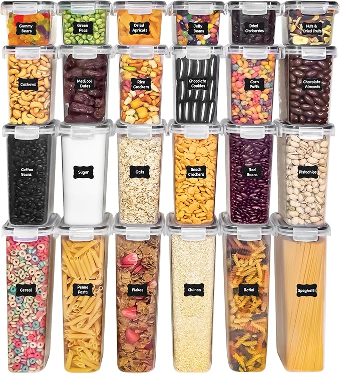 Freshware Kitchen Storage Containers with Lids, 48 PCS Airtight Food Storage Containers, Plastic Kitchen Containers, Pantry Containers for Cereal, Dry Food, Includes Labels, Marker & Measuring Spoons-Ruum Studio Home