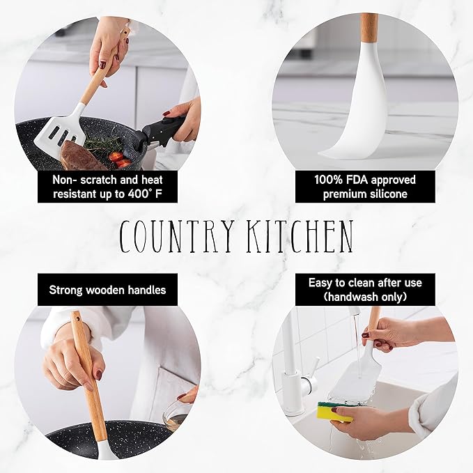 Country Kitchen Non Stick Silicone Utensil Set with Rounded Wood Handles for Cooking and Baking, 14 Piece Set, White-Ruum Studio Home