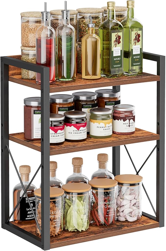 3-Tier Kitchen Spice Rack Organizer for Countertop, Coffee Counter Shelf, Mug Shelf, Bathroom Counter Organizer, Makeup Organizer, Rustic Brown and Black-Ruum Studio Home