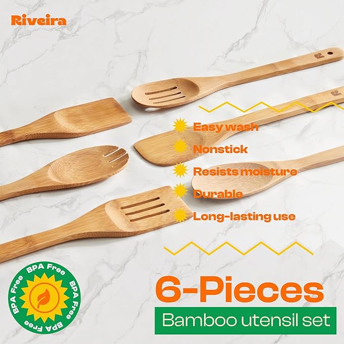 Riveira Dark Bamboo Wooden Spoons for Cooking 6-Piece, Apartment Essentials Wood Spatula Spoon Nonstick Kitchen Utensil Set Premium Quality Housewarming Gifts for Everyday Use-Ruum Studio Home