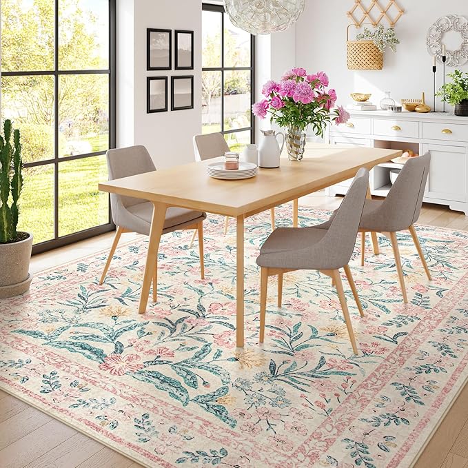 Wonnitar Floral Large Rugs for Living Room, Soft Light Pink Rug Washable 9x12 Carpet Non Slip, Boho Foldable Non-Shedding Kids Carpet for Bedroom Girls Nursery Dorm Playroom-Ruum Studio Home
