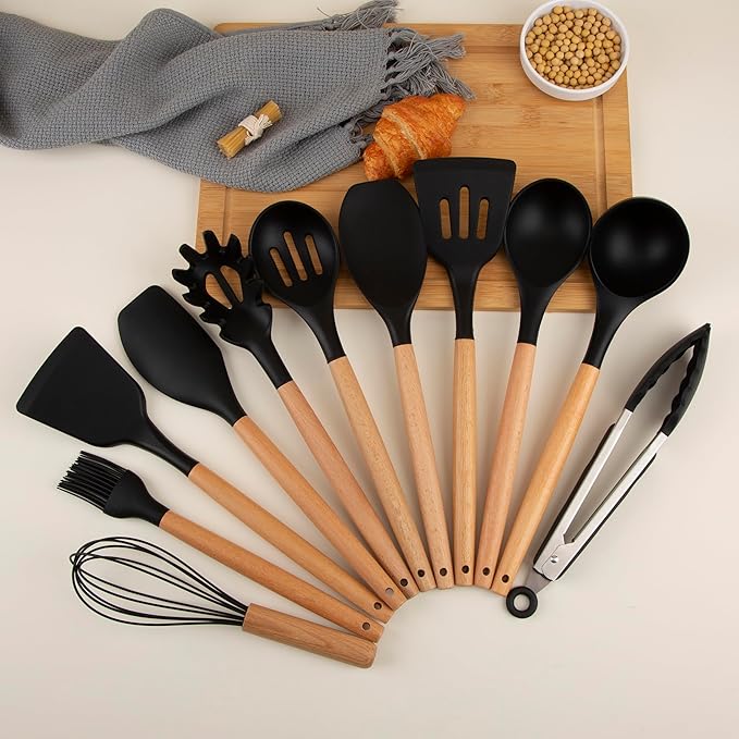 Silicone Cooking Utensils Set, Premium Beech Wood Handle Kitchen Gadgets Utensil Set, Non-Stick Kitchen Utensils Spatula, Tongs, Turner, Whisk, Brush, Spoon, BPA FREE, 446°F Resistant (Black)-Ruum Studio Home