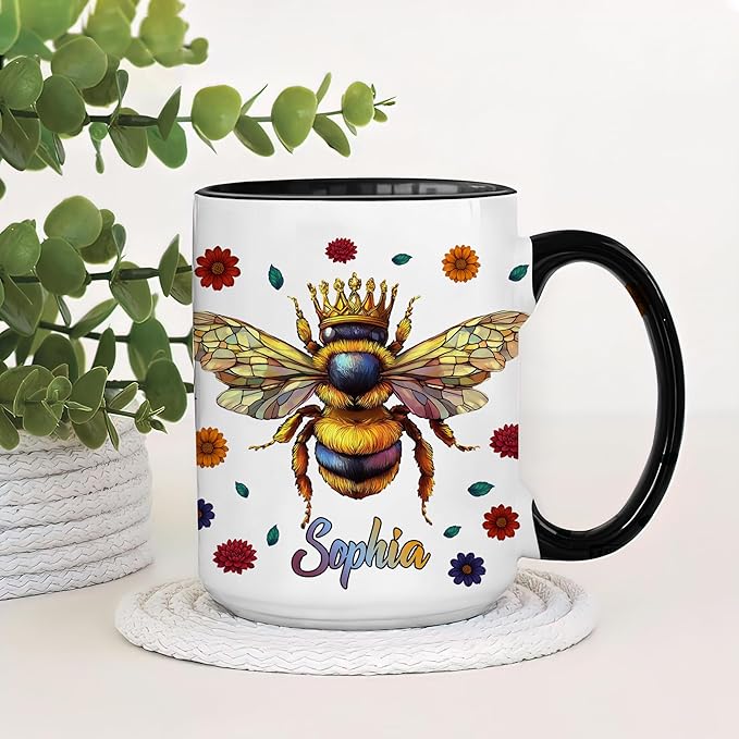 Hyturtle Personalized Floral Bee Mug - Bee Keeper Gifts For Women Lovers Teacher - Honey Gifts For Beekeeper Farmer On Birthday - Queen Honeycomb Decor - Custom Coffee Cup Ceramic Mug 11 Oz 15 Oz-Ruum Studio Home