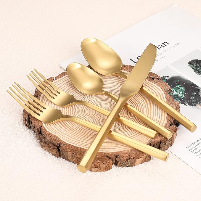 Matte Silverware Set Gold Flatware Set with Hexagon Handle 20 Pieces 18/0 Stainless Steel Cutlery Set Wedding Housewarming Gift Service for 4 (Matt gold)-Ruum Studio Home