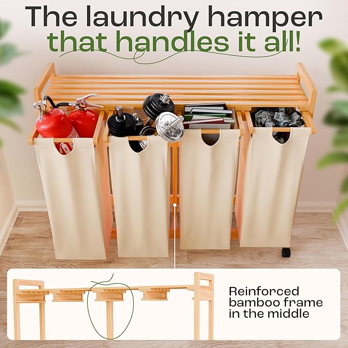 Laundry Sorter with 4 Sections beige, Hamper with Removable Cotton Bags & Wheels โ Perfect Laundry Organizer - Eco-Friendly Rolling Laundry Basket โ Durable Bamboo and Stylish Design-Ruum Studio Home