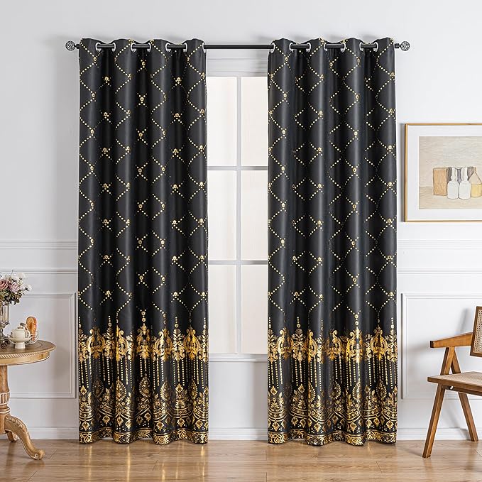 Grommets Blackout Long Window Curtains Black Gold-52W*95L 2PCS Drapes for Bedroom