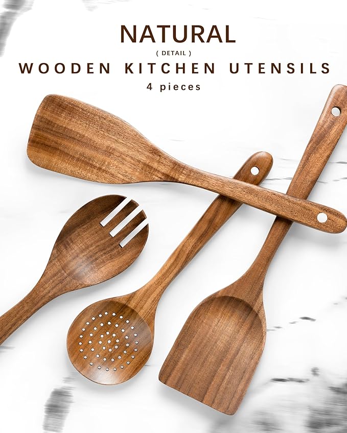 Wooden Spoons for Cooking, Nonstick Cooking Utensil Set with 4 Piece Acacia Wooden Spatulas and Spoons for Cooking, Terrific for Everyday Kitchen Tasks-Ruum Studio Home