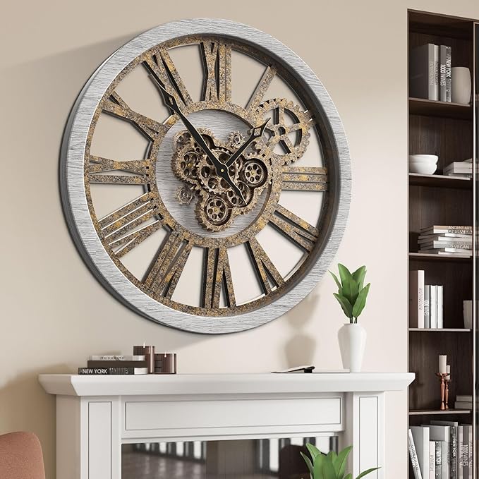 The B-Style Large Wall Clock 24 inch Moving Gear Wall Clock Oversized Vintage Farmhouse Wall Clocks for Living Room Decor Rustic Industrial Wood Clock (Silver Gray, 36 inch/90cm)-Ruum Studio Home