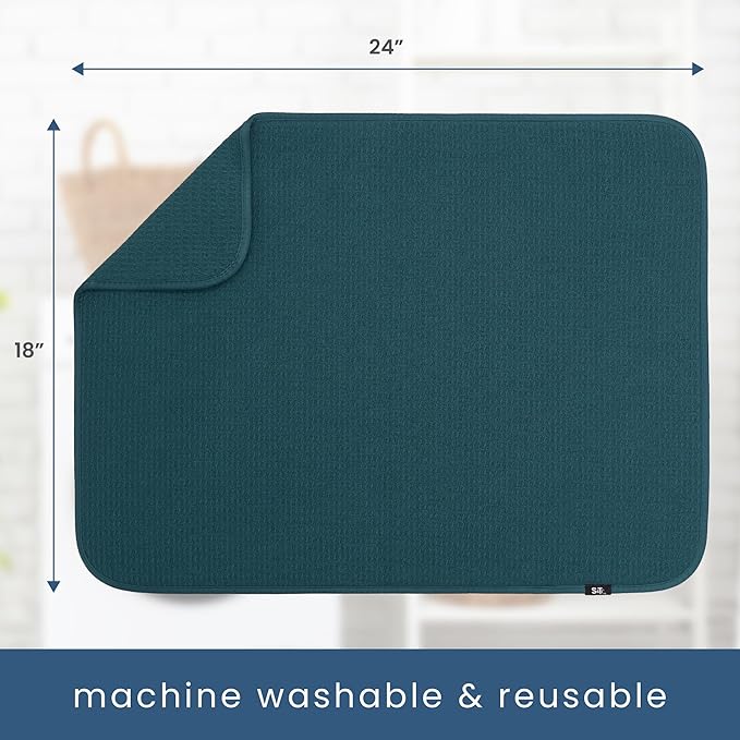S&T INC. Dish Drying Mat XL, 18” x 24”, Absorbent Microfiber Kitchen Counter Mat, Dish Drying Pad for Dishes, Utensils, Pots and Pans, Extra Large, Tapestry Blue-Ruum Studio Home