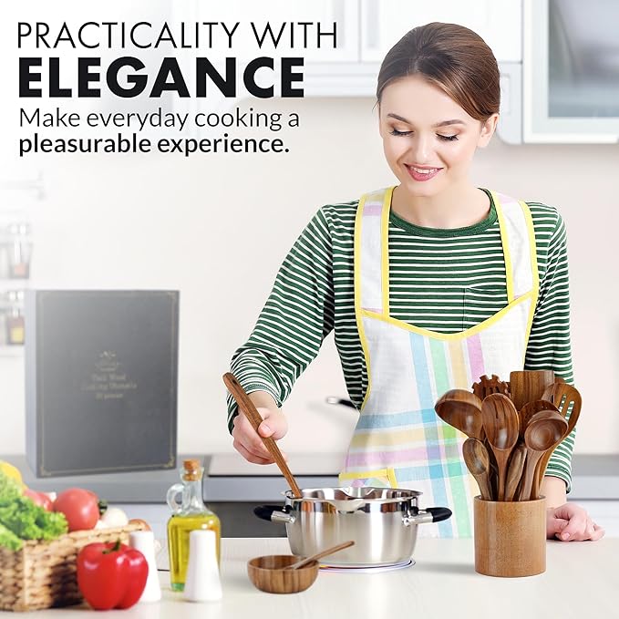 Zulay Kitchen 30-Piece Teak Wooden Utensils - Natural Teak Cooking Utensils with Premium Gift Box - Non-Stick Wooden Spoons - Kitchen Gift Set - Comfortable Grip-Ruum Studio Home