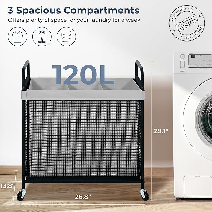 STO STO Laundry Hamper 3 Section, 120L Rolling Laundry Sorter Cart with Removable and Washable Liner Bag, Rolling Clothes Hamper with Metal Handle for Laundry Room and Bedroom, Gray-Ruum Studio Home