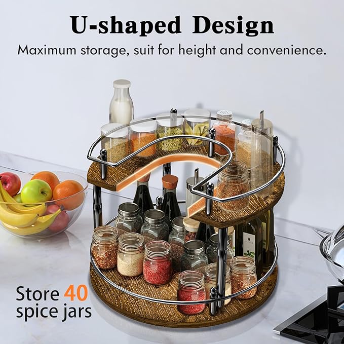 2-Tier Lazy Susan Organizer Turntable Spice Organization U-Shape 11.8" Rotating Spice Rack Height Adjustable for Cabinet, Pantry, Kitchen Countertop, Party-Ruum Studio Home