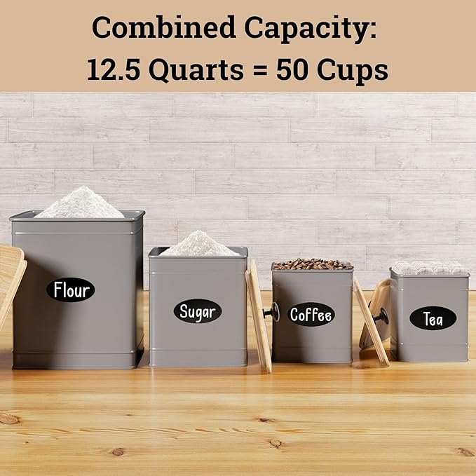 Kitchen Canisters for Countertop Set of 4 with Customizable Chalkboard Labels & Marker Pen - Big Iron Kitchen Canisters with Airtight Lids - Gray Canister Set - Flour and Sugar Containers Farmhouse-Ruum Studio Home