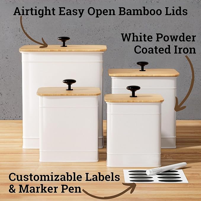 Kitchen Canisters for Countertop Set of 4 with Customizable Chalkboard Labels & Marker Pen - Big Iron Kitchen Canisters with Airtight Lids - Canisters Sets for the Kitchen - White Kitchen Canister Set-Ruum Studio Home