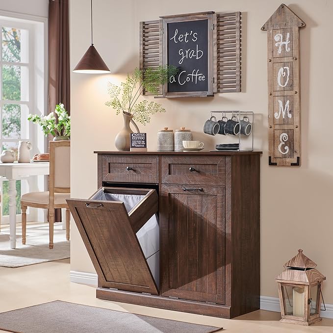 Double Tilt Out Laundry Hamper Cabinet, 20 Gallon Farmhouse Trash Can Cabinet with Drawer, Hidden Wood Garbage Can Bin Cabinet with Laundry Storage Basket for Bathroom, Kitchen, Brown-Ruum Studio Home