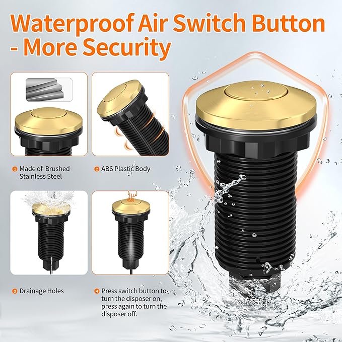 Joinfworld Garbage Disposal Air Switch Kit Waterproof Garbage Disposal Button Kit with Long Garbage Disposal Switch Brushed Brass/Brushed Champagne - UL Listed-Ruum Studio Home