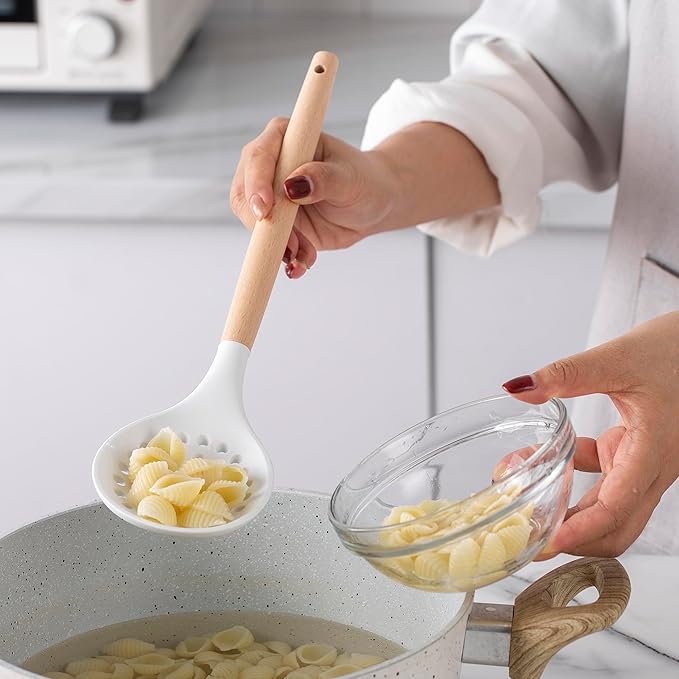 Country Kitchen Non Stick Silicone Utensil Set with Rounded Wood Handles for Cooking and Baking, 14 Piece Set, White-Ruum Studio Home