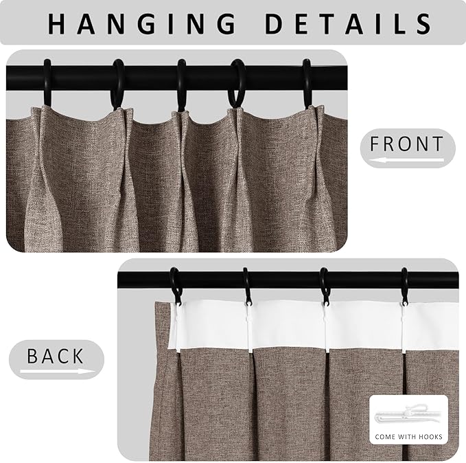 Macochico 52”Wx96”L 100% Blackout Curtains for Bedroom Living Room Nursery Light Brown Pinch Pleated Linen Curtains Farmhouse Burlap Drapes Thermal Window Panels with Hooks and Tieback 1 Panel
