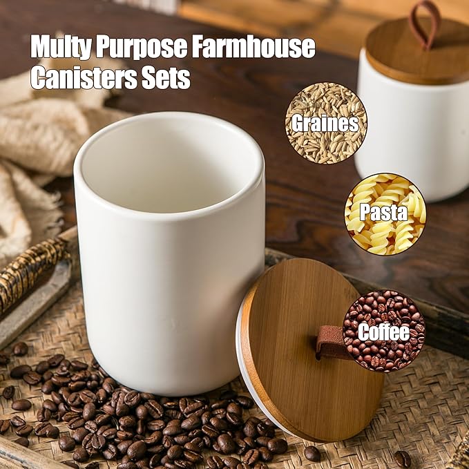 JOJUNO White Ceramic Canister Set with Wooden Lid, 3-Piece Airtight Food Storage Jars for Kitchen Counter - Flour, Sugar, Coffee, Tea, Spice - Small, Medium, Large Sizes-Ruum Studio Home