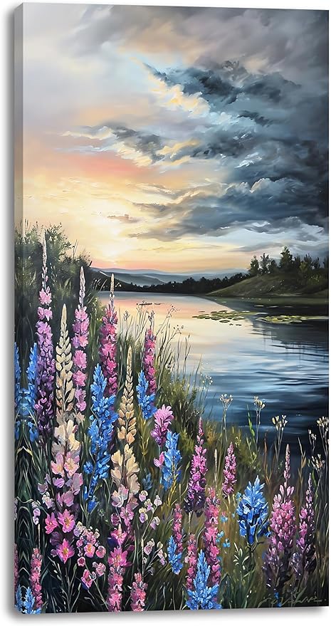 LASMOND Beautiful Colorful Grassland by Riverbank Landscape Wall Art Decor Artwork for Bedroom (24x48 Inches)-Ruum Studio Home