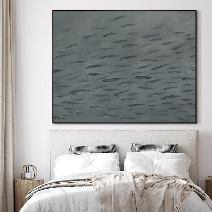 SIGNWIN 46"x60" Extra Large Framed Wall Art Gray School of Fish Minimalist Ocean-Inspired Marine Life Illustration for Home Living Room Bedroom Decor (Frame Assembly Required)-Ruum Studio Home