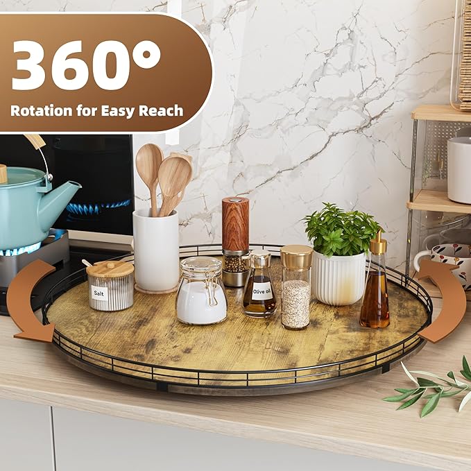 Lazy Susan Turntable Organizer for Table Top, 24’’ Round Wooden Lazy Susan for Cabinet Kitchen Countertop Pantry Dining Coffee Table for Condiments Spices, Rustic Bathroom Vanity Tray for Soap Candle-Ruum Studio Home