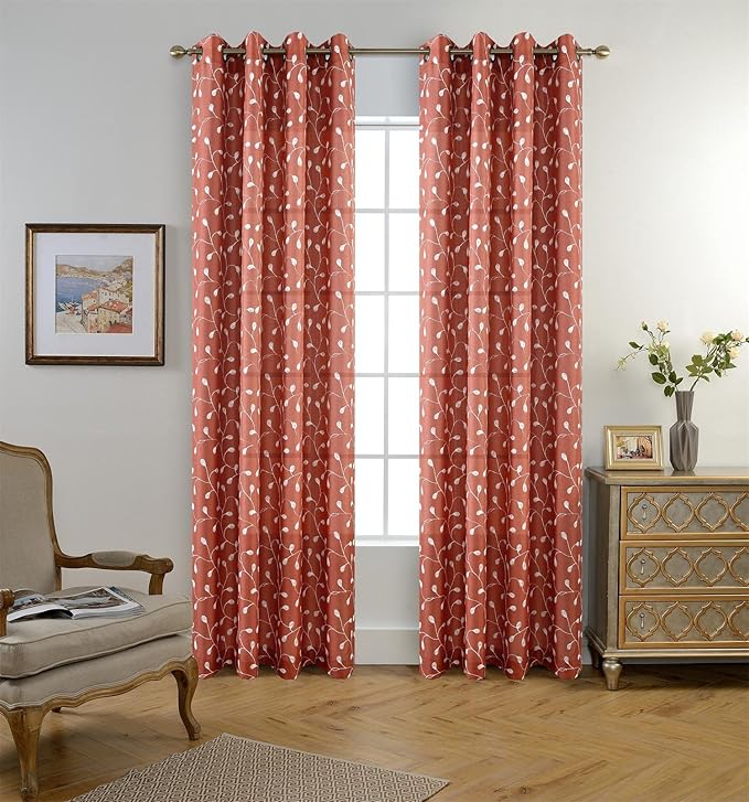 MIUCO Floral Embroidery Semi Sheer Curtains Faux Linen Grommet Curtain Panels for Kids Room 52 x 84 Inch 2 Panels, Rust-Ruum Studio Home