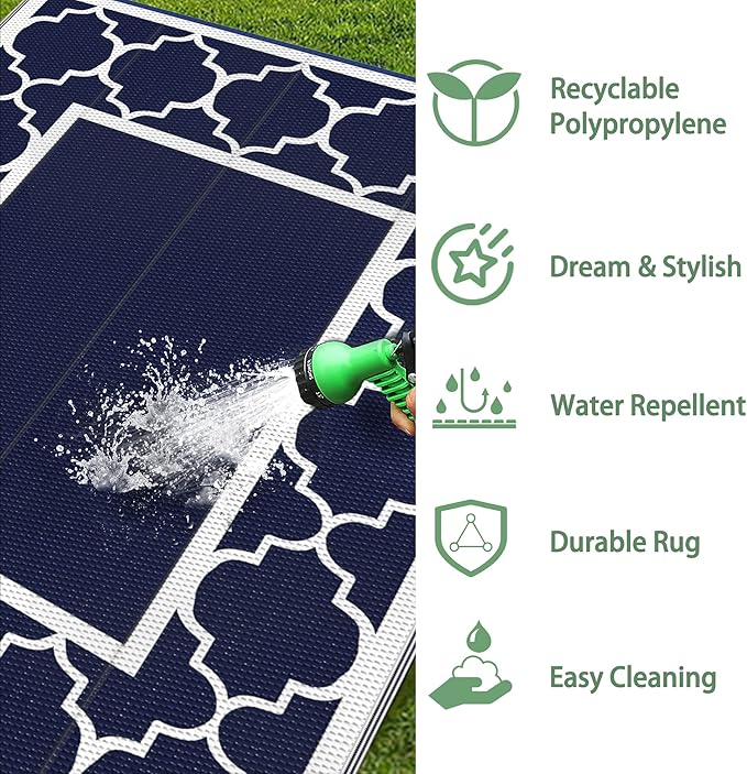 GENIMO 3' x 5' Outdoor Rug Waterproof for Patio Decor, Foldable Reversible Plastic Straw Area Rugs Mat for Camper, Outside Carpet for Rv, Deck, Porch, Picnic, Beach, Balcony, Blue & White-Ruum Studio Home