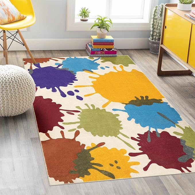 STARUIA Art Bedroom Rug, 4'x6' Machine Washable Kids Rug for Playroom, Paint Splash Rainbow Area Rugs for Classroom, Soft Colorful Living Room Rugs Throw Play Mat for Nursery Office Preschool-Ruum Studio Home
