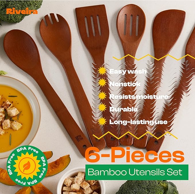 Riveira Premium Brown Bamboo Wooden Spoons for Cooking Set of 6 – Premium Brown Bamboo Wooden Cooking Utensils, Wooden Spatula, Wooden Spoon - Premium Quality Wooden Utensil Set for Non-Toxic Cooking-Ruum Studio Home