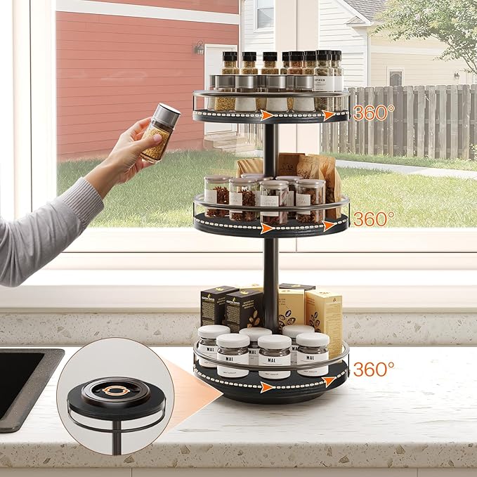 HOOBRO Lazy Susan Organizer, Rotating Spice Rack, 3-Tier Organizer, Turntable Spice Rack, Vertical Storage Organizer, for Kitchen Countertop, Vanity, Dining Table, Black BB09TL01-Ruum Studio Home