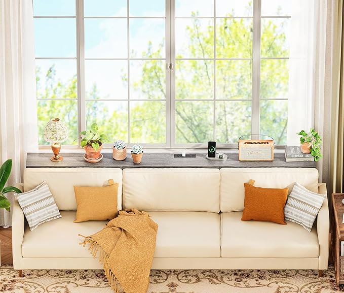 SUPERJARE 78.7 Inch Console Table with Outlet, Sofa Table with Charging Station, Narrow Hallway Entryway Table, Behind Couch Table, for Living Room, Charcoal Gray-Ruum Studio Home