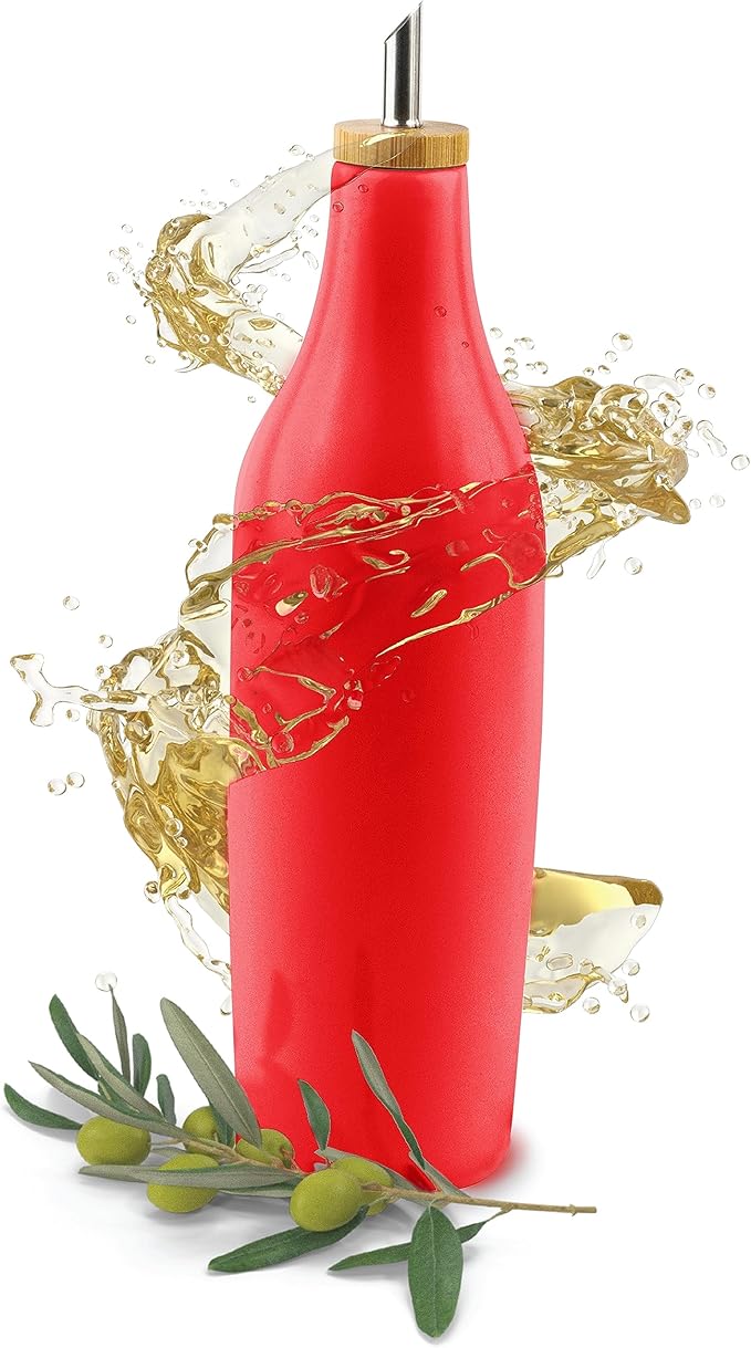 kitchentoolz Olive Oil Stoneware Dispenser Bottle, Ceramic 16 Oz Container for EVOO or Vinegar Kitchen Counter, Red-Ruum Studio Home