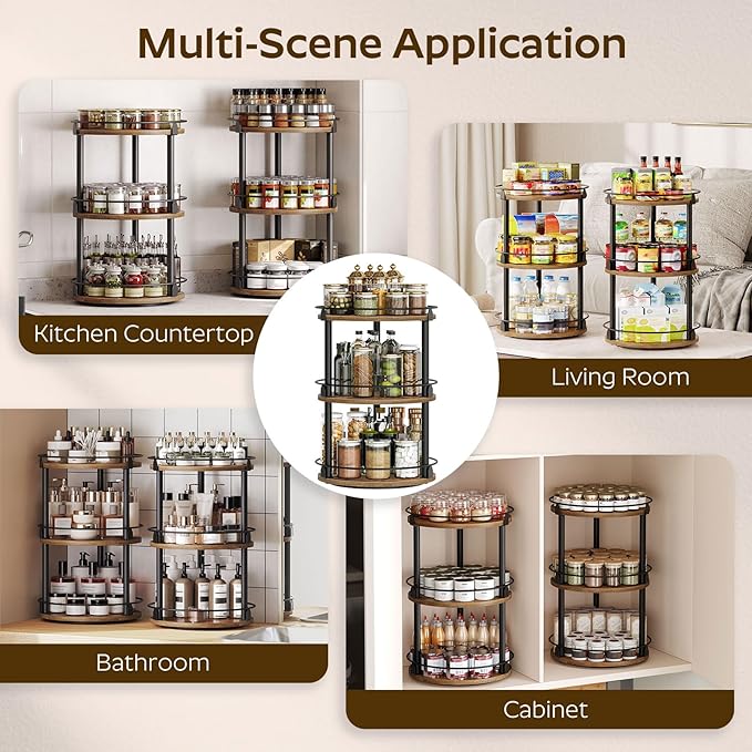 Spice Rack, Set of 2 Lazy Susan Organizer, 3-Tier Turntable Organizer For Cabinet, Compact and Versatile, for Kitchen Countertop, Rustic Brown SR23L2BR-Ruum Studio Home