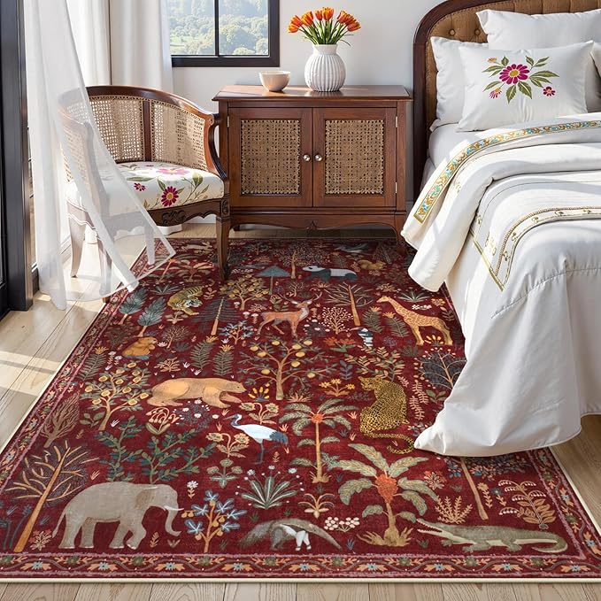 OJIA Jungle Print Washable Area Rugs 5x7, Soft Rugs for Living Room Ultra-Thin Non-Shedding Modern Bedroom Rug, Stain Resistant Throw Rug Large Carpet for Kids Nursery Dining Room, Red-Ruum Studio Home