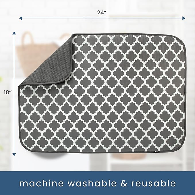 S&T INC. Dish Drying Mat XL, 18” x 24”, Absorbent Microfiber Kitchen Counter Mat, Dish Drying Pad for Dishes, Utensils, Pots and Pans, Extra Large, Pewter Grey Trellis-Ruum Studio Home