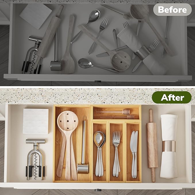 BAMEOS Utensil Drawer Organizer, 5 Slots Silverware Organizers for Kitchen Drawers, Bamboo Flatware Organizer for Knives Cutlery Spoons Forks (Natural)-Ruum Studio Home
