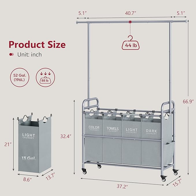 Tajsoon Laundry Sorter with Hanging Bar, 4 Section Rolling Laundry Hamper with Heavy Duty Lockable Wheels, Laundry Sorter Cart for Bathroom & Bedroom, Gray-Ruum Studio Home