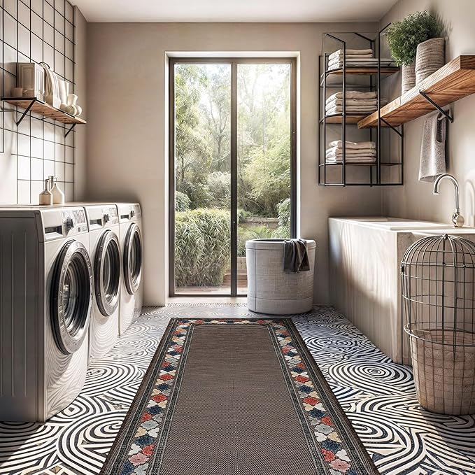 Beverly Rug Outdoor Runner Rug 2x7 Modern Floral Bordered Area Rugs for Indoor and Outdoor Patio Easy to Clean Non Shedding Living Room Porch Garden Washable Outside Carpet (2 x 7 Brown)-Ruum Studio Home