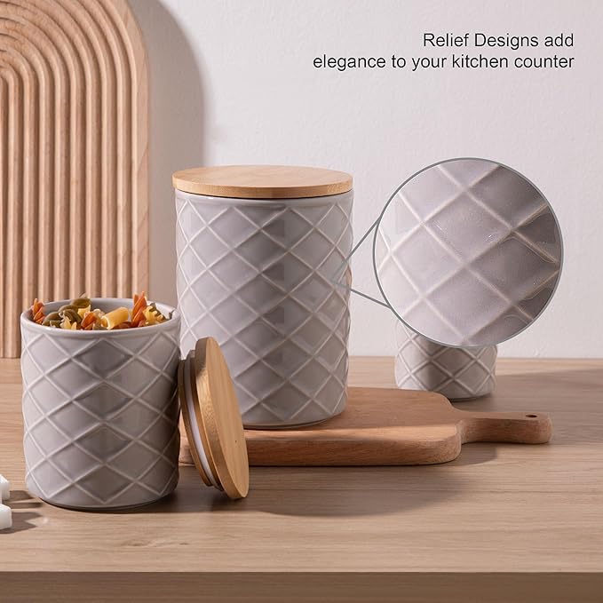 Sweejar Ceramic Canisters Sets for Kitchen Countertop, Relief Food Storage Jar with Bamboo Lid, Stackable Container for Flour, Coffee, Pasta, Cereal, Tea, Cookies, Sugar, Spices, Pack of 4 (Gray)-Ruum Studio Home