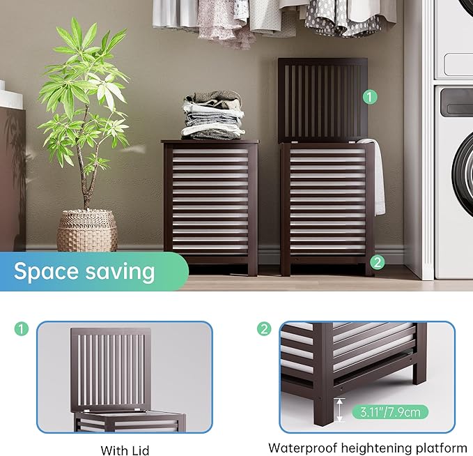 SMIBUY Double Laundry Hamper with Lid, 120L Bamboo Laundry Basket with Removable Liner Bag, 2-Section Clothes Divider Laundry Sorter for Laundry Room, Bathroom, Bedroom (Dark Brown)-Ruum Studio Home