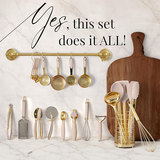 Styled Settings 23-Piece Beige and Gold Utensils Set – Silicone Nonstick Cooking Tools with Garlic Press, Can Opener, Measuring Cups, Utensil Holder – Luxury Kitchen Accessories for Modern Homes-Ruum Studio Home
