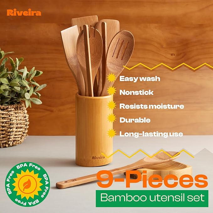 Riveira Dark Bamboo Wooden Spoons for Cooking 9-Piece with Holder, Apartment Essentials Wood Spatula Spoon Nonstick Kitchen Utensil Set Premium Quality Housewarming Gifts for Everyday Use-Ruum Studio Home