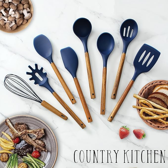 Country Kitchen Non Stick Silicone Utensil Set with Rounded Wood Handles for Cooking and Baking, 8 Piece Set, Navy-Ruum Studio Home