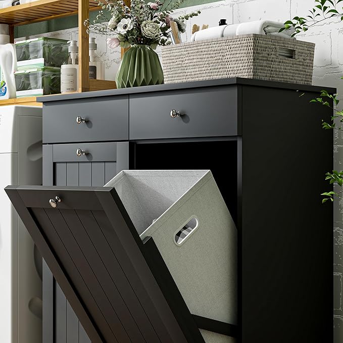 HOMCOM Laundry Hamper Cabinet with 2 Removable Baskets, Tilt Out Laundry Hamper Cabinet with 2 Drawers and 2 Beadboard Doors, Laundry Cabinet Bathroom Storage Cabinet, Black-Ruum Studio Home