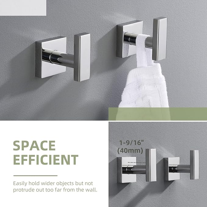 Angle Simple Bath Towel Hook 2 Pack, Stainless Steel Square Robe Coat Holder for Wall, Bathroom Kitchen Garage Wall Hook for Hanging Tools, Polished Chrome-Ruum Studio Home